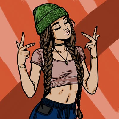 realistic teenage girl with braids and a beanie and crop top doing 🫶🏼