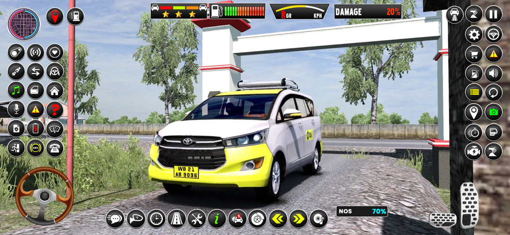Russian Taxi Driving Simulator - Pantalla de juego de un simulador de conducción de taxis que presenta un coche amarillo y blanco y varios controles en pantalla.