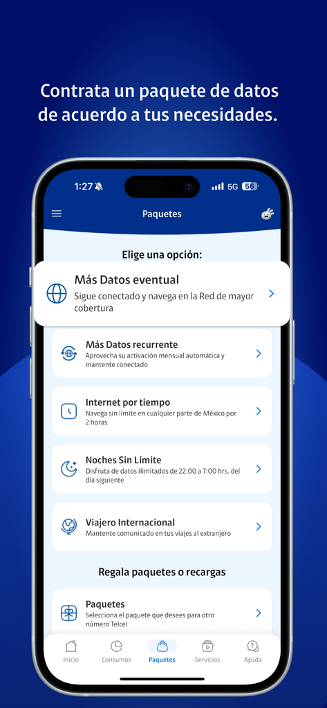 Pantalla de la app Mi Telcel mostrando diferentes paquetes de datos y paquetes para viajes internacionales