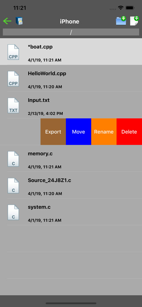 File management interface in the C and CPP compiler app showing a list of source code files with edit options