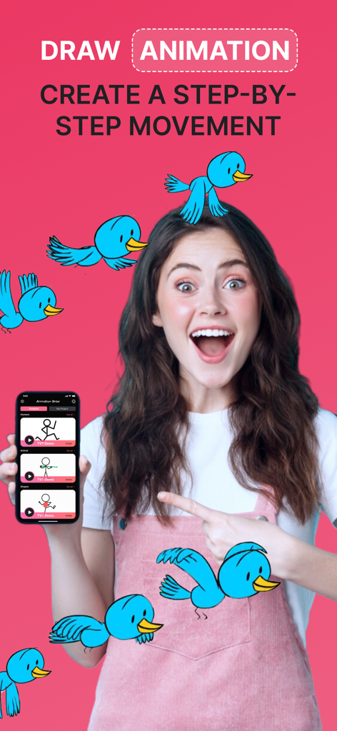 Animation Creator: Flipbook 2D - Young woman holding a smartphone showing the Animation Creator Flipbook 2D app interface with blue cartoon birds