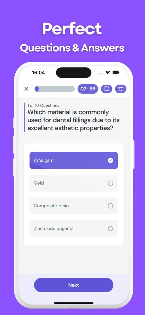 Dental Mastery app screen showing a multiple choice practice question about dental filling materials