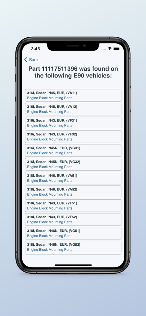 BimmerRefs app screen displaying search results for BMW part compatibility on E90 vehicles.