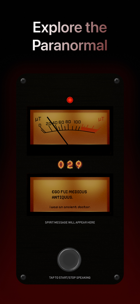 Void: Necrometer & Ghost Tube - Interface do aplicativo Void Necrometer apresentando um medidor EMF e um display de mensagens de espíritos mostrando uma mensagem traduzida de um espírito.