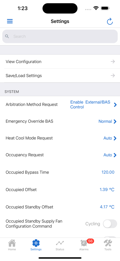 Settings screen of the Symbio Service and Installation app displaying HVAC system configuration and operational parameters.