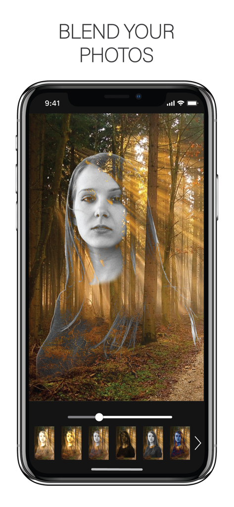 Smartphone screen showing the blend photos feature with a portrait over a forest background