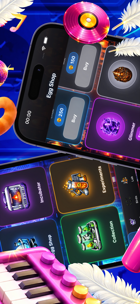 Chik Mut Lab - Chik Mut Labモバイルアプリの画面、卵ショップと研究メニューを表示。