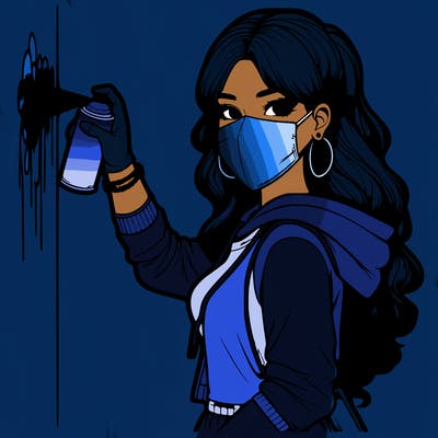 realistic girl with mask spray painting a wall