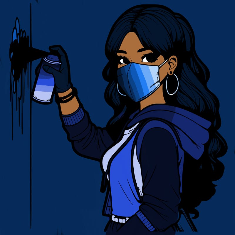 realistic girl with mask spray painting a wall