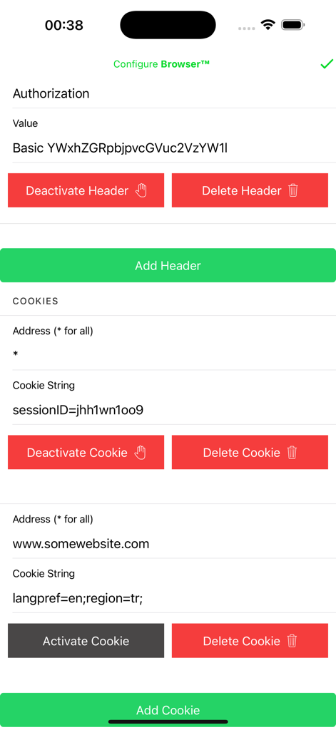 Web Messenger for Dual Chat - Settings screen for managing HTTP headers and browser cookies in Web Messenger