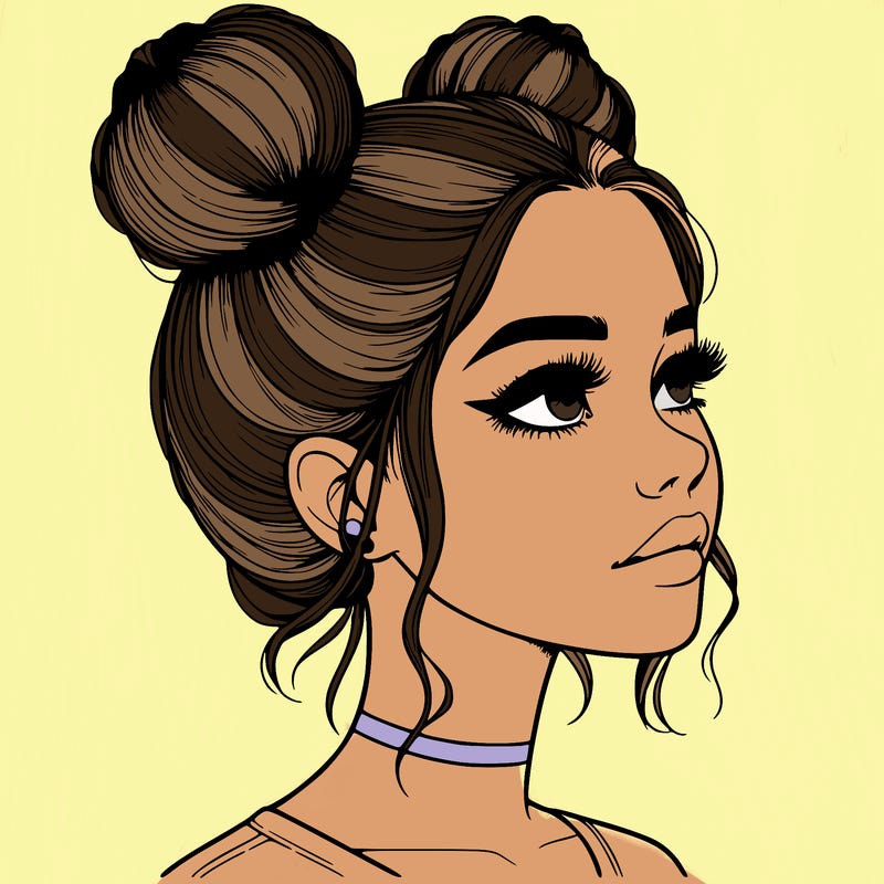 realistic girl with buns on the top of her head