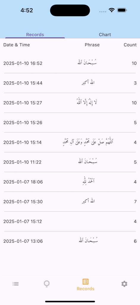 Tela do aplicativo de tasbih digital exibindo uma lista de registros de oração com datas e contagens
