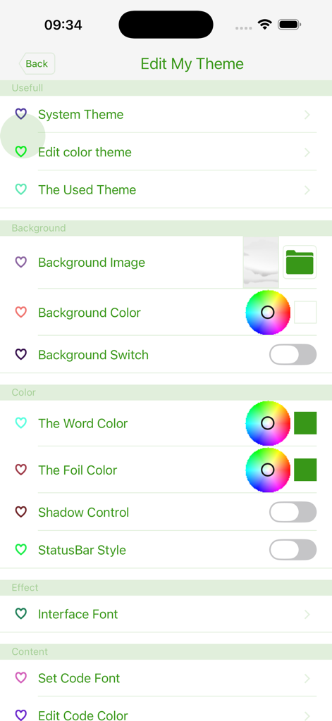 The Edit My Theme screen in Lua IDE Fresh Edition showing various UI settings including color pickers and background options