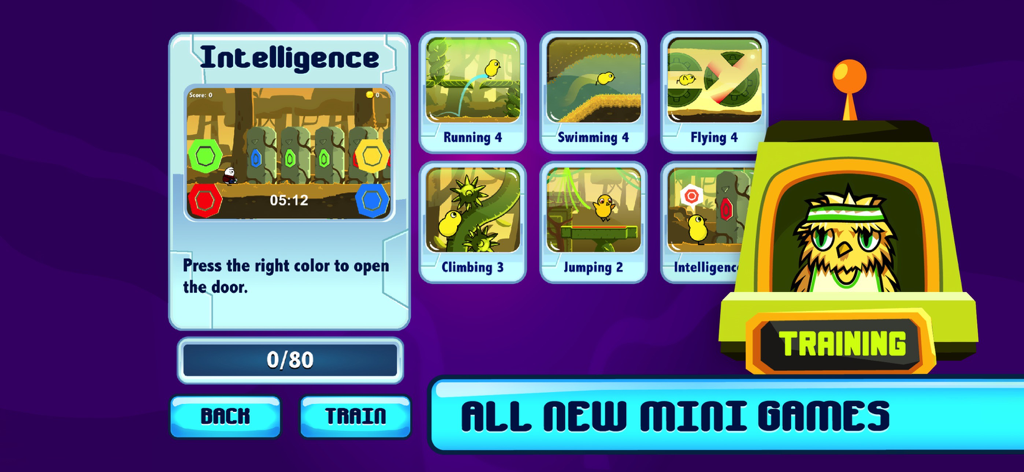 A menu from Duck Life 6 Space displaying various training mini games for skills like running and intelligence.