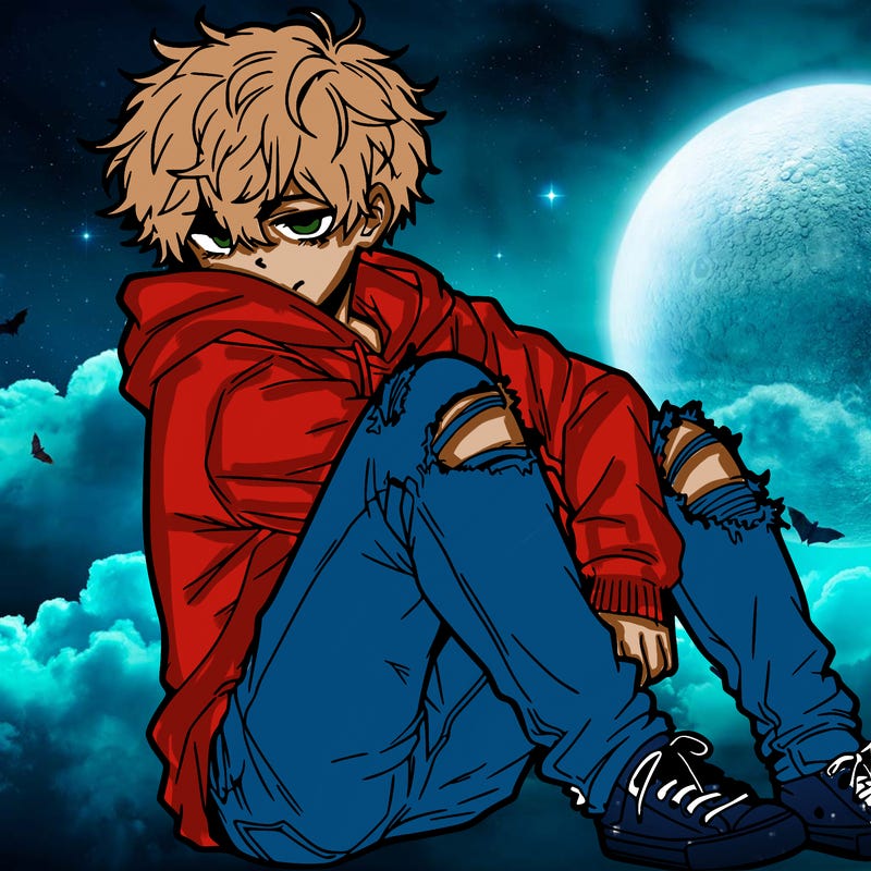 a male hoddie ripped jeans messy hair anime