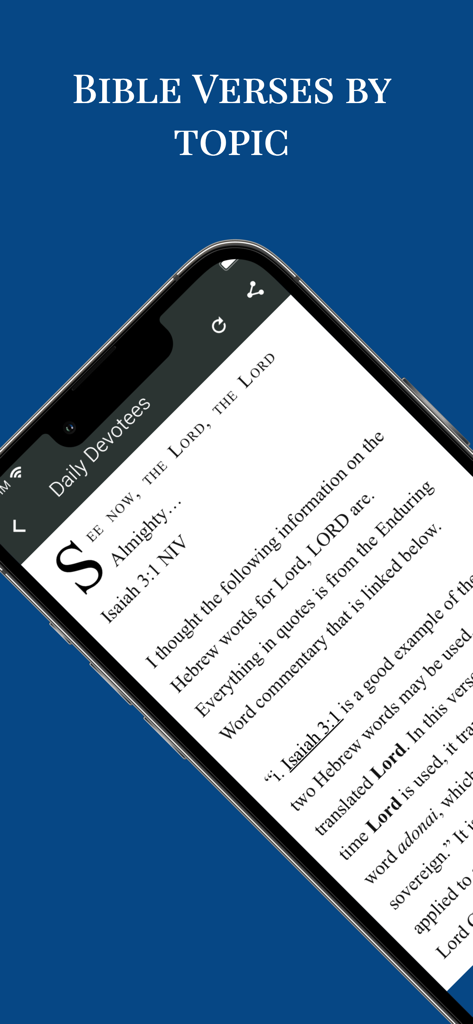 King James Bible - KJV Offline - Smartphone screen showing Bible verses organized by topic in the King James Bible app.