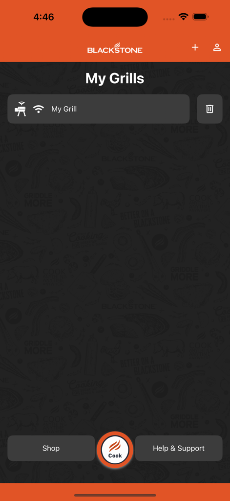 Blackstone Connect app interface displaying the My Grills management screen with a connected wifi grill