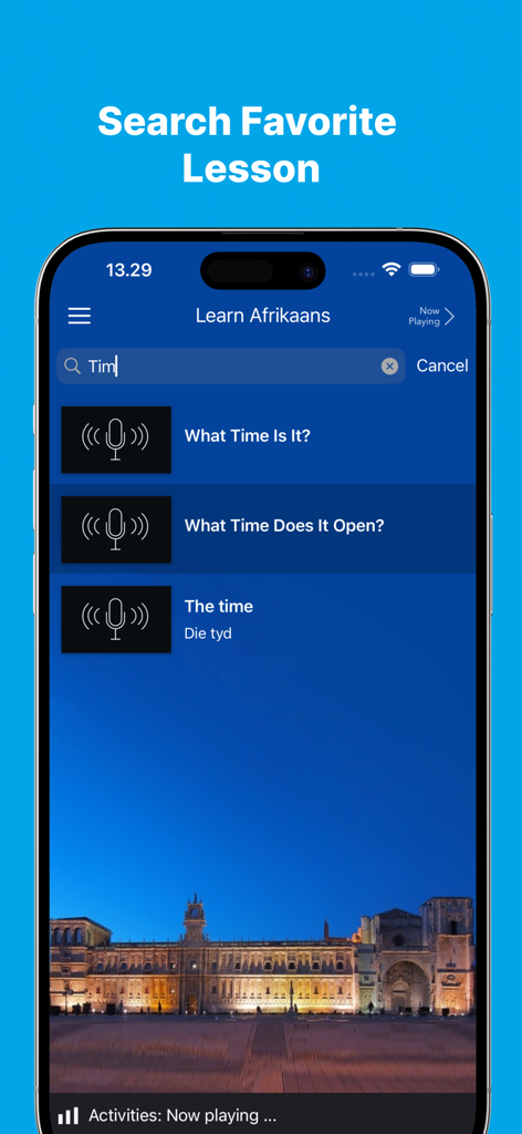 A search screen in the Fast Learn Afrikaans app displaying lesson results for time related phrases and audio content