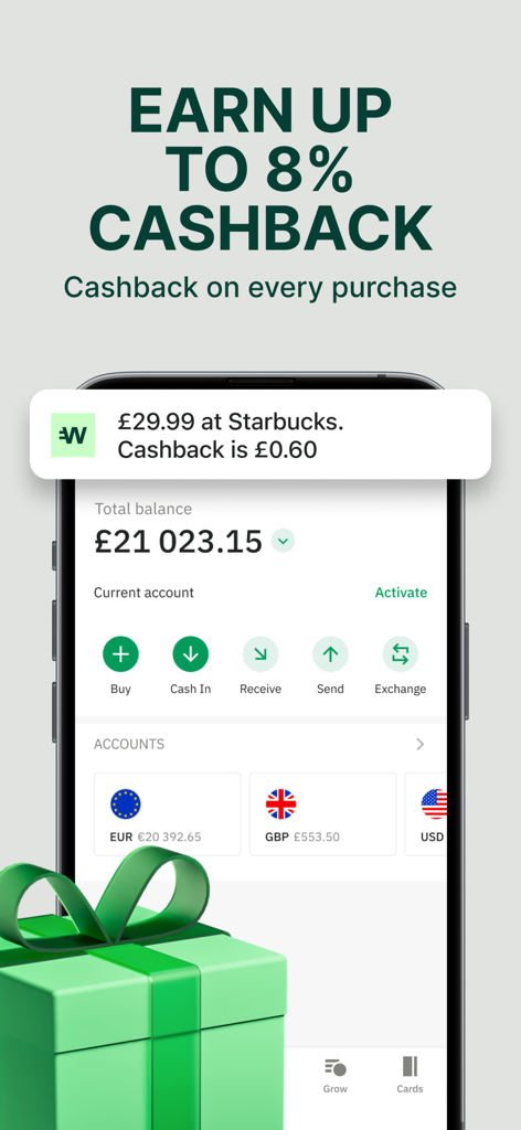Pantalla de la aplicación móvil Wirex con hasta un 8 por ciento de recompensas de cashback en cada compra y un panel de cuenta multimoneda.