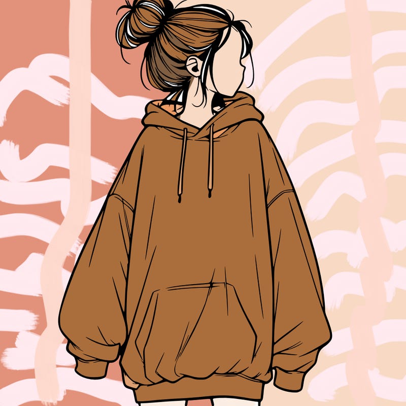 realistic girl with a oversized sweatshirt on and a bun