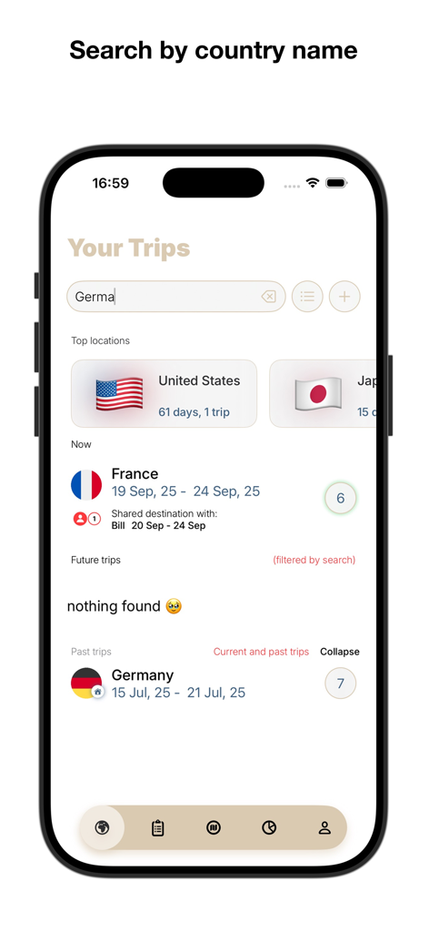 Schermata dell'app TraviGo che mostra la pagina I tuoi viaggi con una barra di ricerca e un elenco di destinazioni di viaggio correnti e passate come Francia e Germania