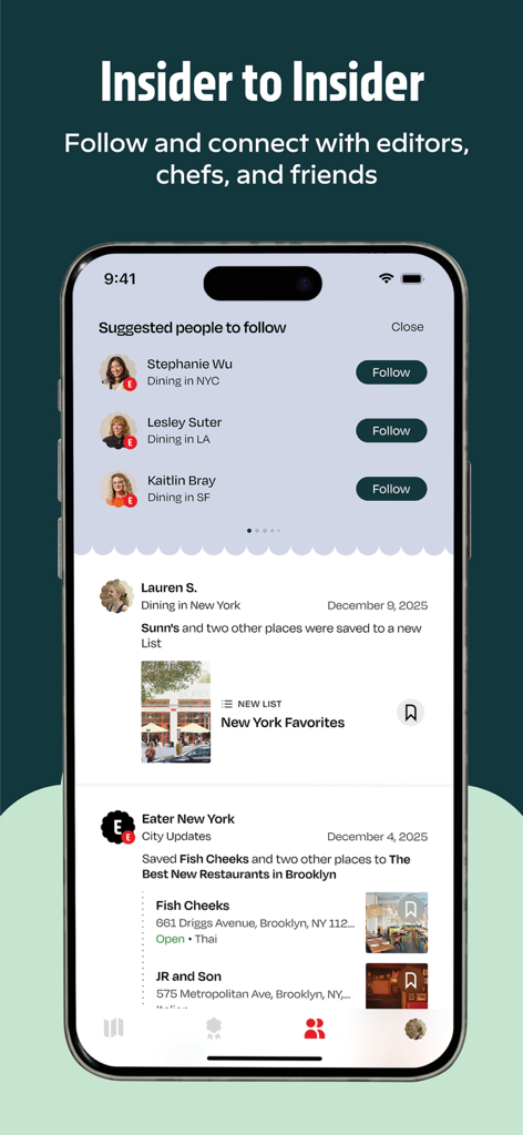 Eater - A interface do aplicativo Eater mostrando editores sugeridos para seguir e um feed de listas de restaurantes selecionadas de Nova York.