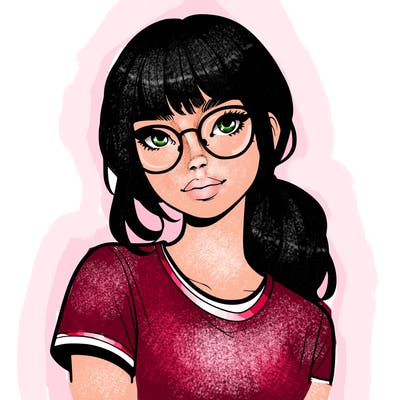 realistic girl with freckles and clear glasses