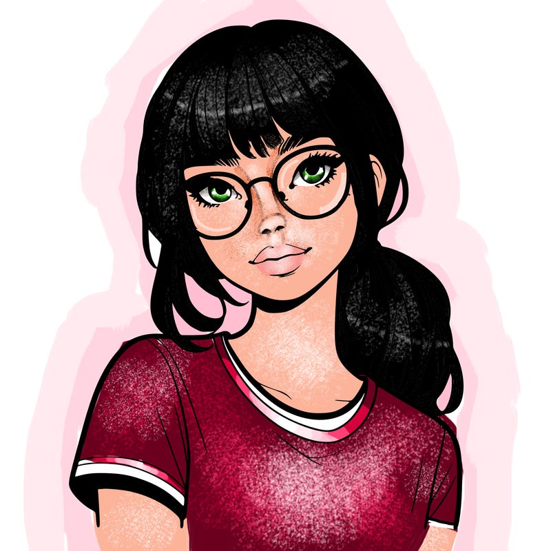 realistic girl with freckles and clear glasses
