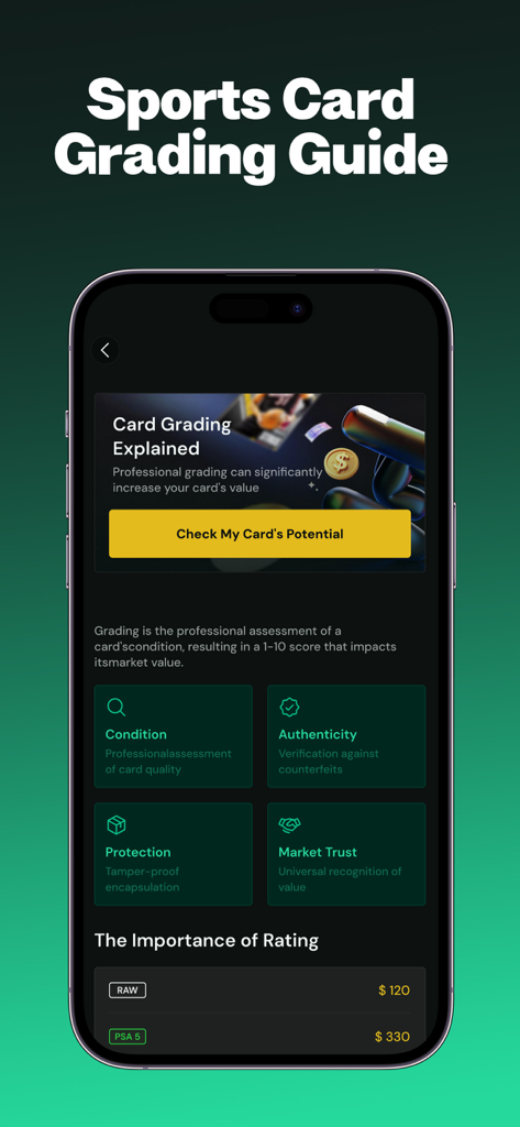 CardSnap - Sports Card Scanner - CardSnap app screen showing a sports card grading guide with value comparisons for raw and graded cards.