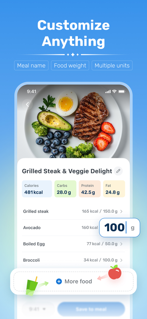 WiseMeal: Al Calorie Tracker - Una interfaz móvil para WiseMeal que muestra una foto de un plato de bistec y verduras con opciones de personalización de calorías y peso individuales