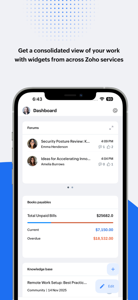 Panel de la aplicación Zoho One mostrando una vista consolidada de widgets de negocio.