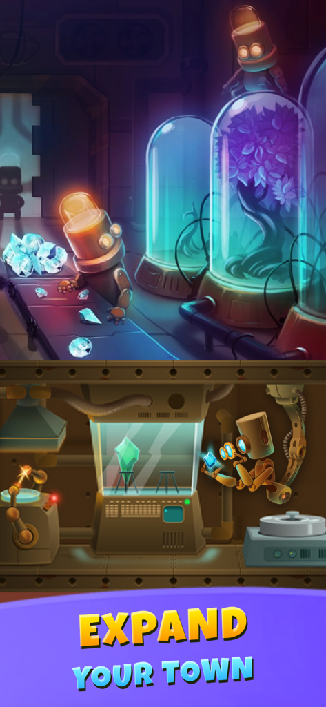 Deep Town: Mining Idle Games - Robots working in a crystal factory and greenhouse to expand an underground town