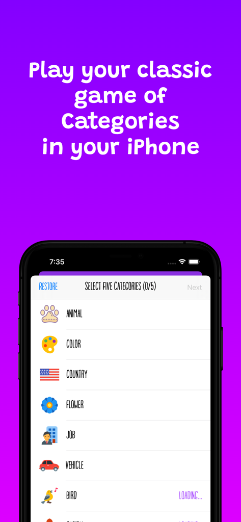Interface of the Categories Classic Game app showing category selection on an iPhone