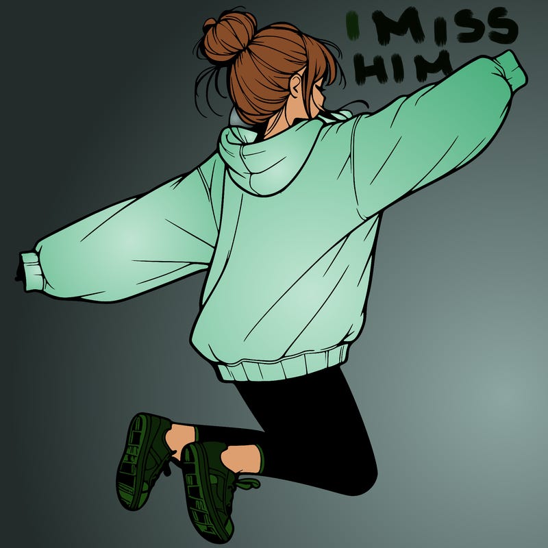 realistic girl jumping with a bun and oversized sweatshirt
