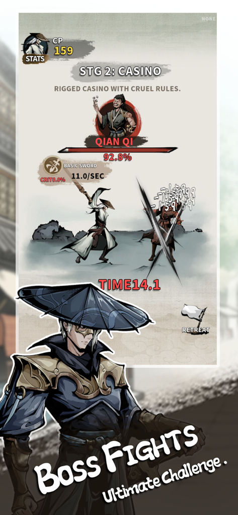 Inkblade Idlers: Wuxia RPG - Boss fight gameplay in Inkblade Idlers Wuxia RPG featuring ink-wash art style