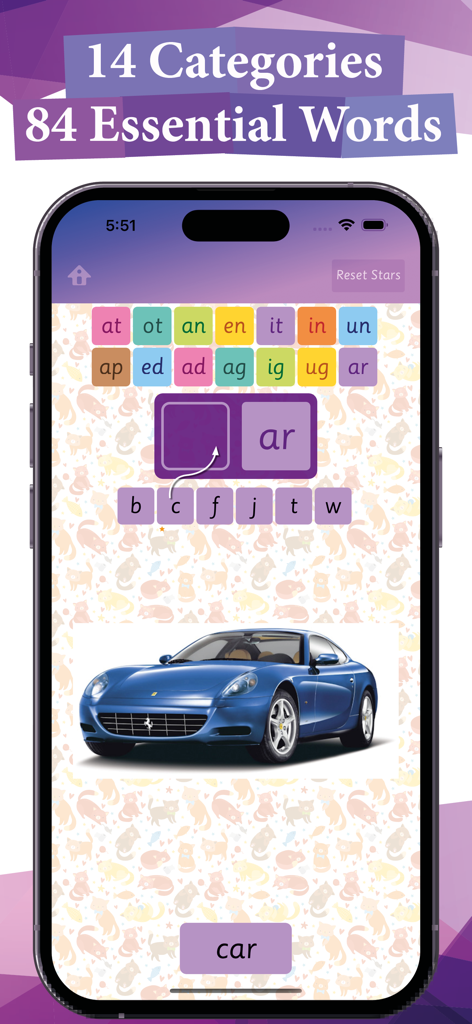 Eine Lautier-Lern-App-Oberfläche zeigt ein Spiel zum Bilden von drei Buchstabenwörtern für das Wort Auto mit Buchstabenkacheln und einem Autobild