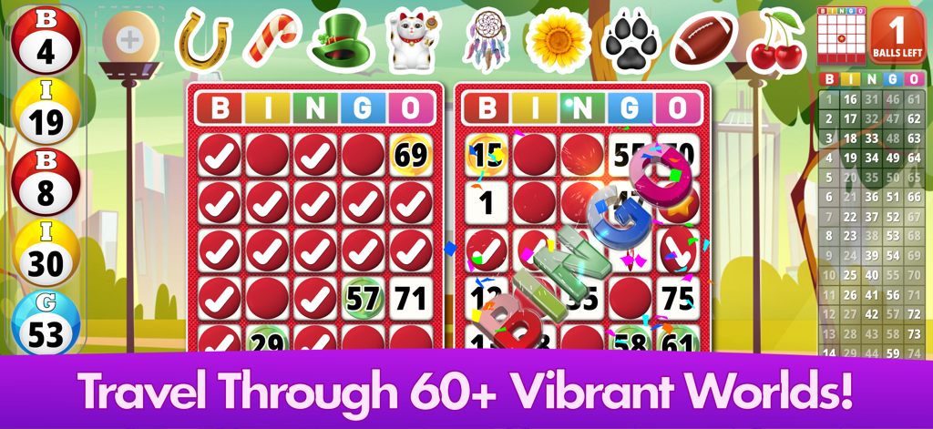 Jugabilidad de Bingo Clásico con múltiples cartones y amuletos de la suerte