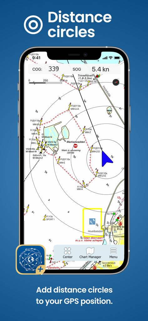 WinGPS Marine Plus - Aplicación WinGPS Marine Plus que muestra círculos de distancia alrededor de la posición del barco en una carta náutica digital