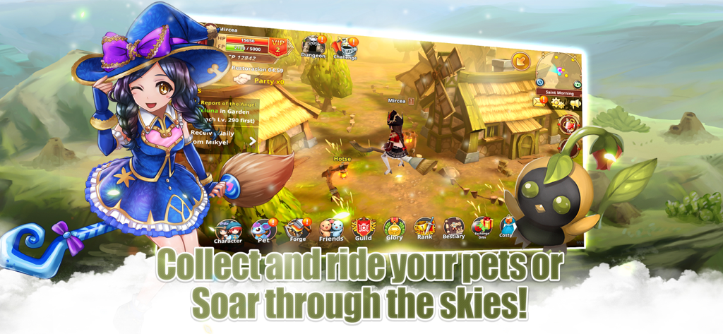 Flyff Legacy - Anime MMORPG - Un personaje de bruja de anime con una escoba voladora y una linda mascota planta en Flyff Legacy