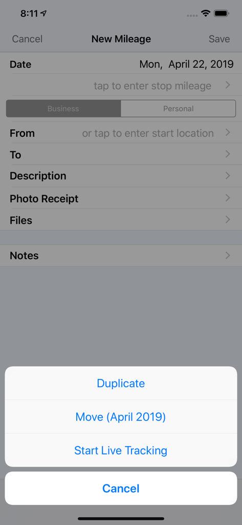 MileTracker Pro - Interface of MileTracker Pro app showing the new mileage entry screen with options for live tracking and manual logs