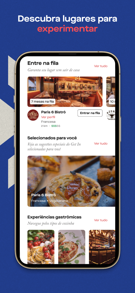 Get In mobile app interface showing restaurant discovery and virtual queue options