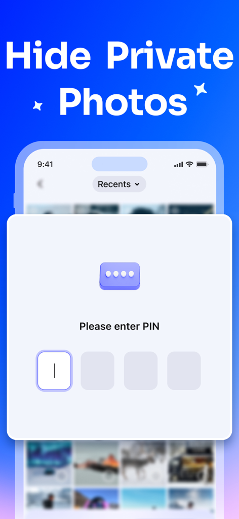 MobileClean - Photo Cleaner - Interfaz de la aplicación MobileClean que muestra una bóveda de fotos privada con entrada de PIN para ocultar imágenes sensibles