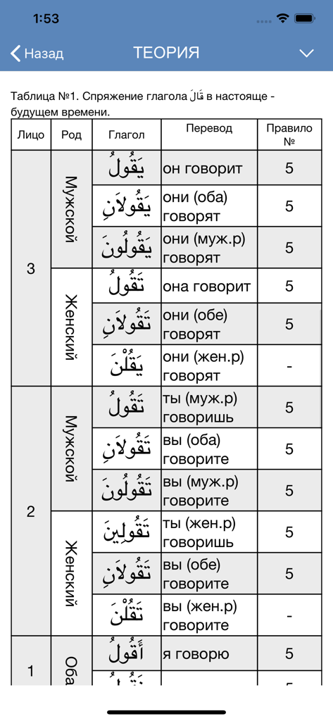 Арабские глаголы - A table displaying Arabic verb conjugations with Russian translations on the theory screen of the app.