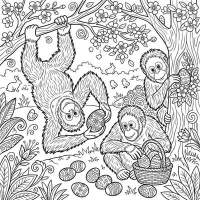 Join three adorable orangutans as they playfully celebrate Easter amidst a vibrant spring landscape. This engaging coloring page for teens is packed with intricate details like blooming flowers and decorated eggs.