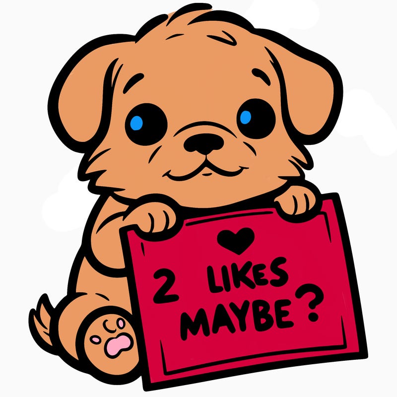 a puppy holding a sign that says 2 likes maybe?