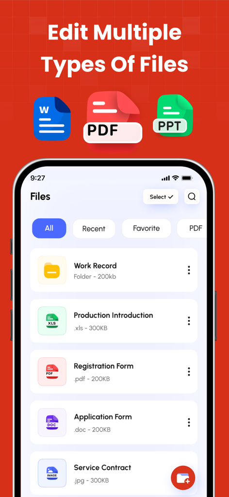 Una pantalla de smartphone que muestra una aplicación de gestión de archivos que soporta archivos PDF, Word y PowerPoint con una lista de documentos que incluye un contrato y un formulario de inscripción.