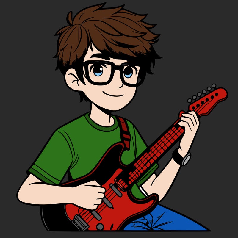 teen boy with brown hair glasses and playing electric guitar