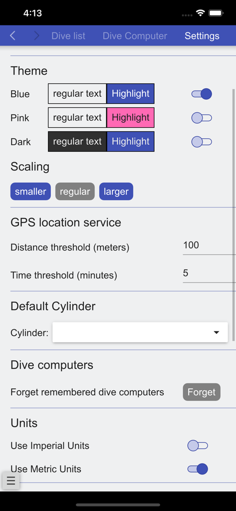 Subsurface-mobile - テーマ、スケーリング、GPS、単位設定のオプションを表示するSubsurface-mobileアプリの設定画面
