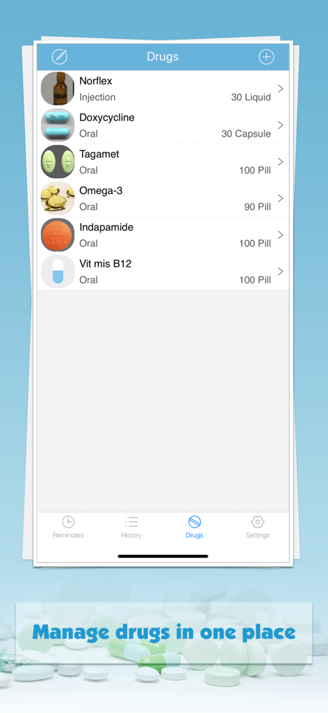 Interface of the Pill Monitor Pro app showing a list of different medications with photos and quantities