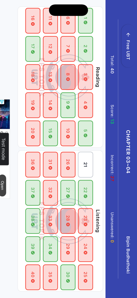 Zusammenfassung der Ergebnisse des EPS TOPIK UBT Übungstests, die korrekte und falsche Antworten für die Lese- und Hörverständnisabschnitte zeigt
